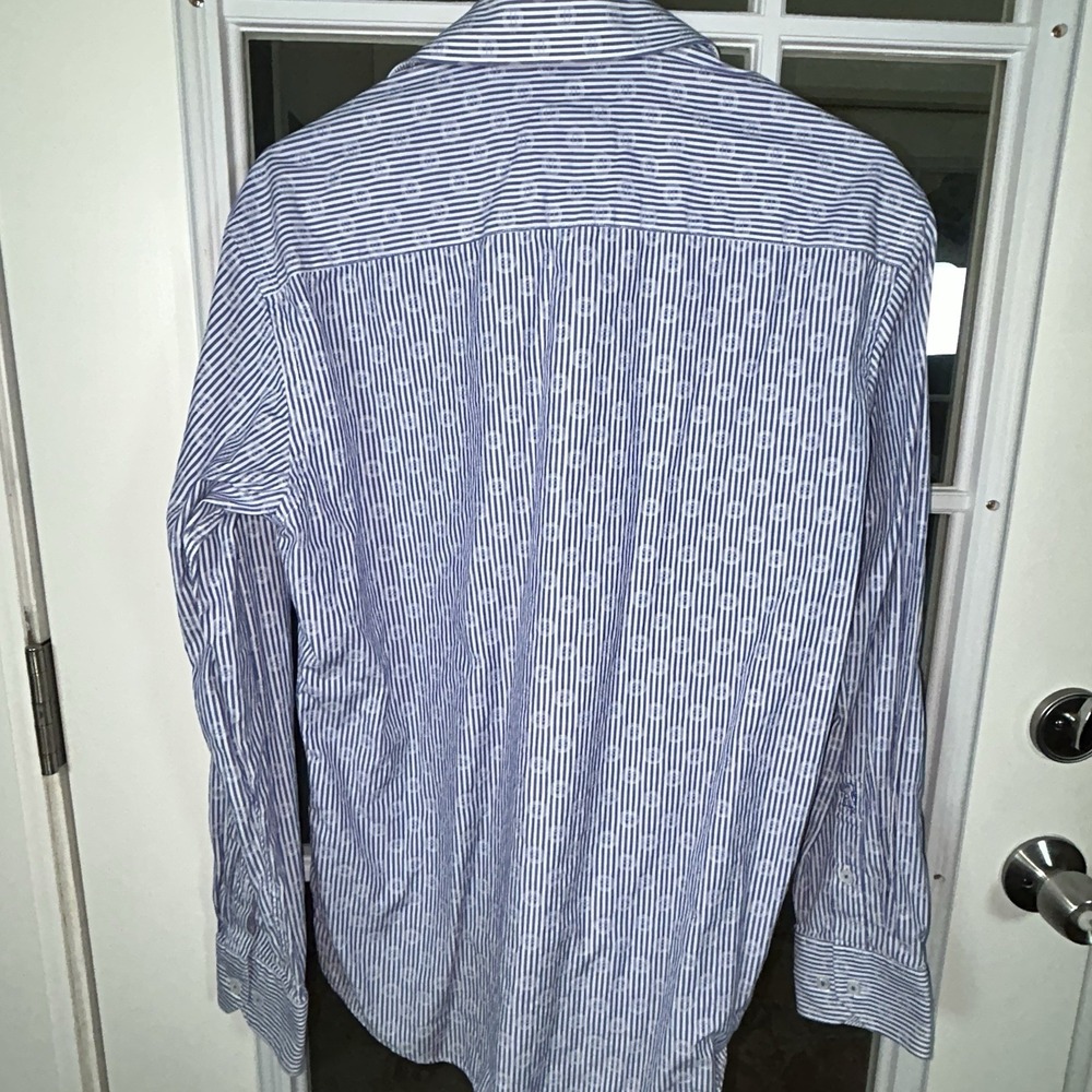 Bugatchi‎ Shaped Fit Blue White Stripe Medallion Print Dress Shirt Men's Medium - Picture 6 of 16